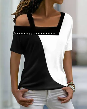 Sievietēm ar Īsām Piedurknēm Modes Gadījuma Dimantu Colorblock Asimetrisks Auksti Plecu Top Frēzēšana Y2K T Krekls