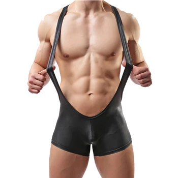 Seksīgi Vīriešu Bodysuits PU Ādas Leotard viengabala Apakšveļa Cīņas Singlet Mākslīgās Ādas Jumpsuit Bokseri Geju Clubwear Apakškrekls