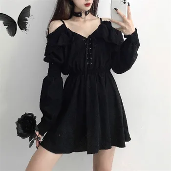 Melna kleita sieviešu ikdienas pogas, mežģīnes puse, seksīga mini kleita sieviešu garām piedurknēm viengabala kleita korejiešu versija ir 2021.