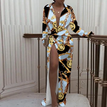 Vintage Print Sieviešu Kleita Ir 2021. Modes V Kakla Turn-down Sexy Dāmas Jaka ar Augstu atvērt Dakša-Krekls, Kleita garām piedurknēm Puse Kleita